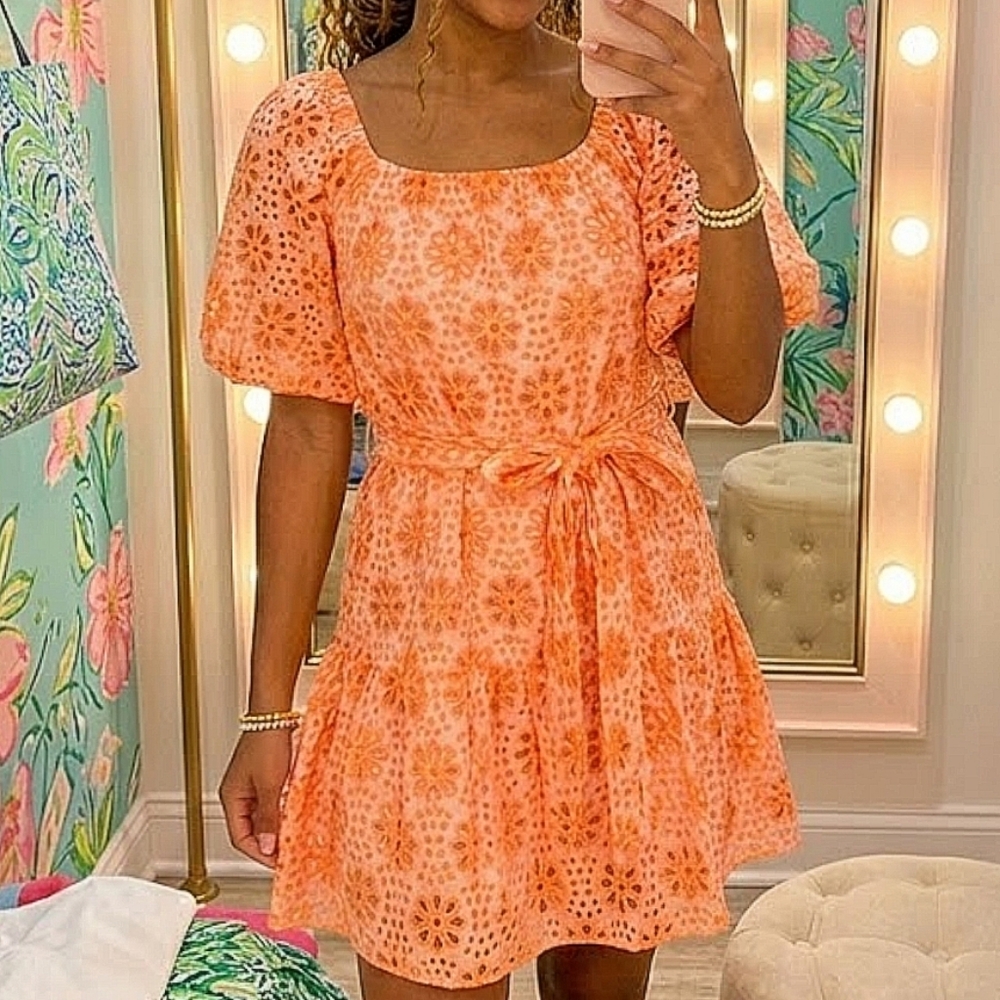 Lilly Pulitzer Kerrigan Orange and White Eyelet Puff-Sleeve Mini Dress